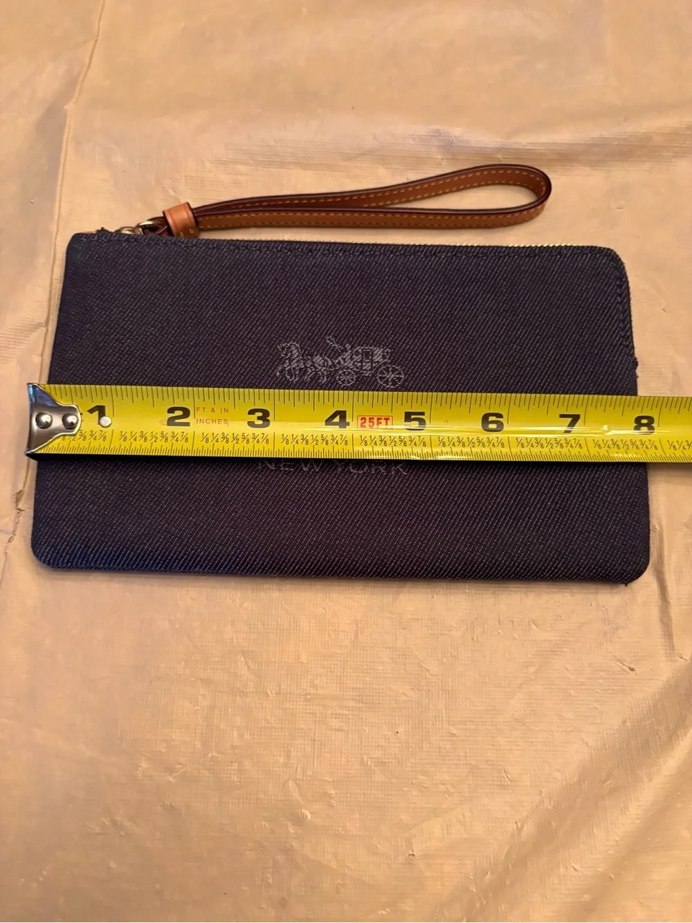 Coach Large Corner Zip Wristlet in Denim with Brown Leather Strap